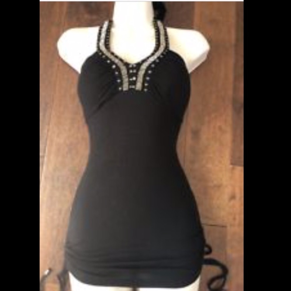 GUESS beaded plunge halter top